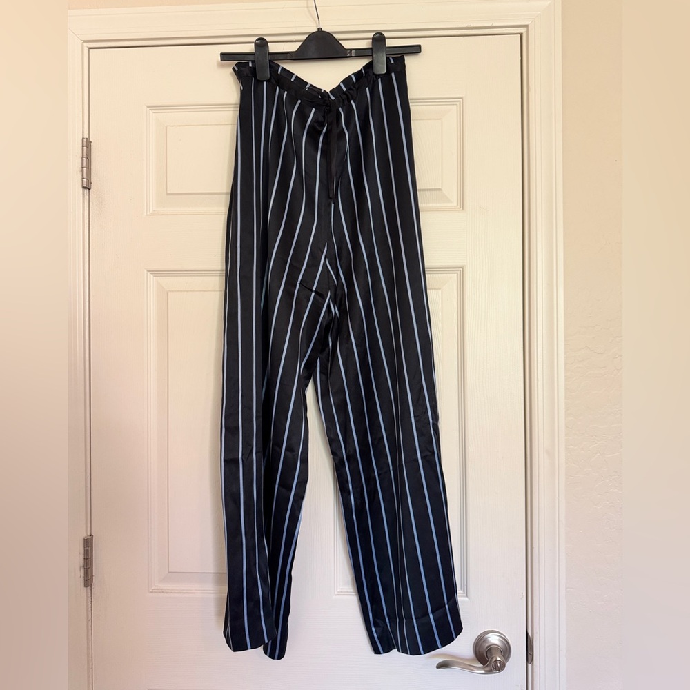 Escada Black & Blue Striped Silk Wide Leg Pant Sz 34/XS